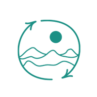 drawing of the recycle symbol encompassing mountains with the sun