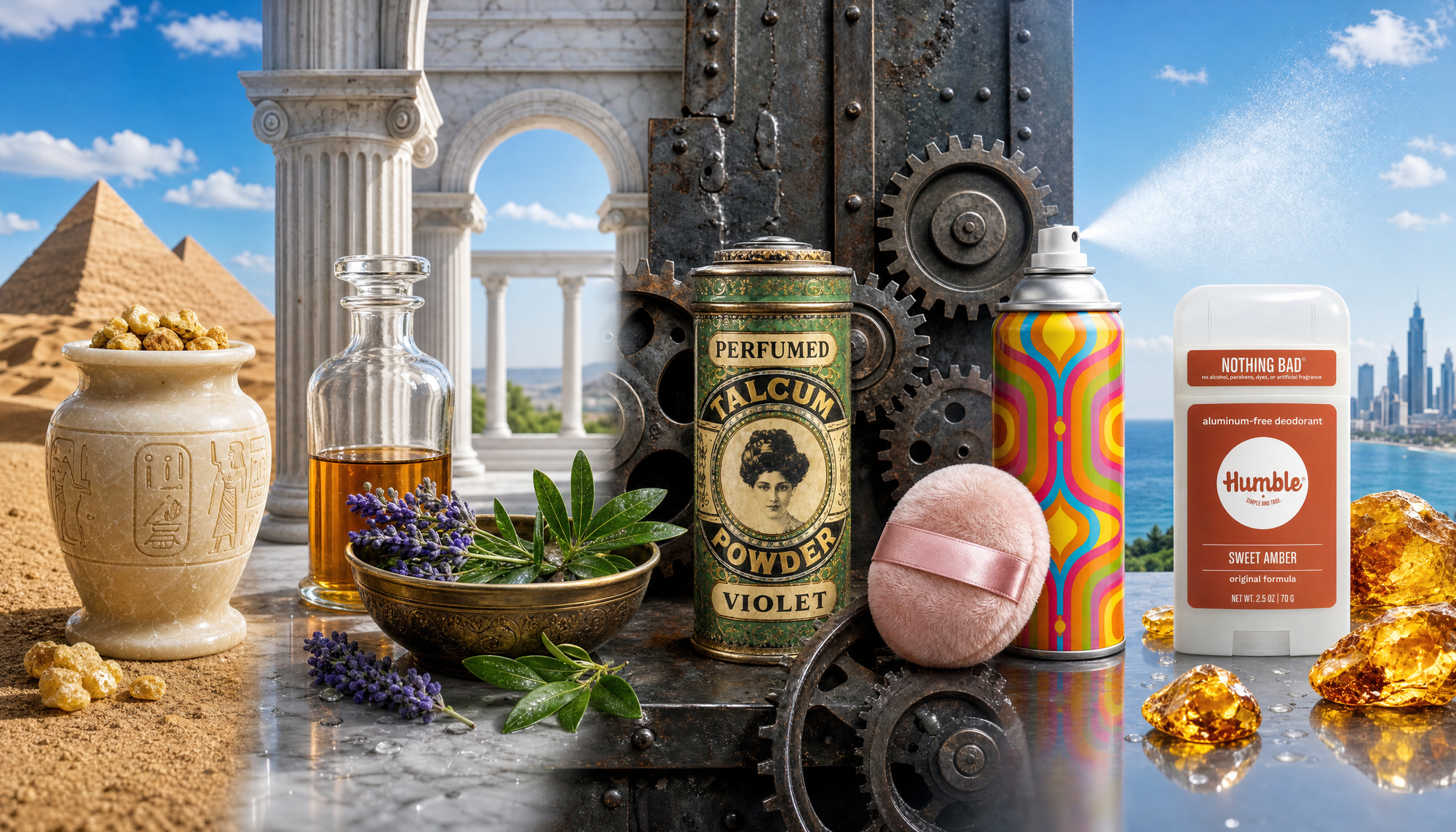 Collage of deodorant history: Egyptian jar, apothecary, vintage talcum tin, colorful spray, Humble Sweet Amber deodorant