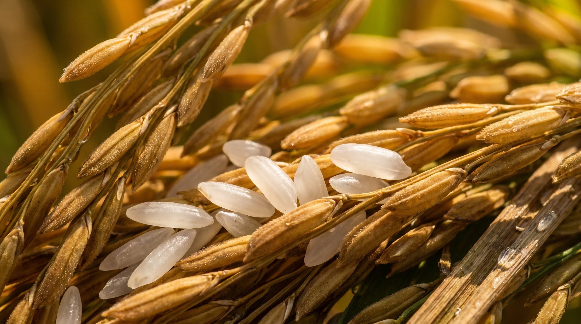 Close-up of rice kernels on golden rice stalks in sunlight, illustrating rice protein as a natural hair-strengthening ingredient