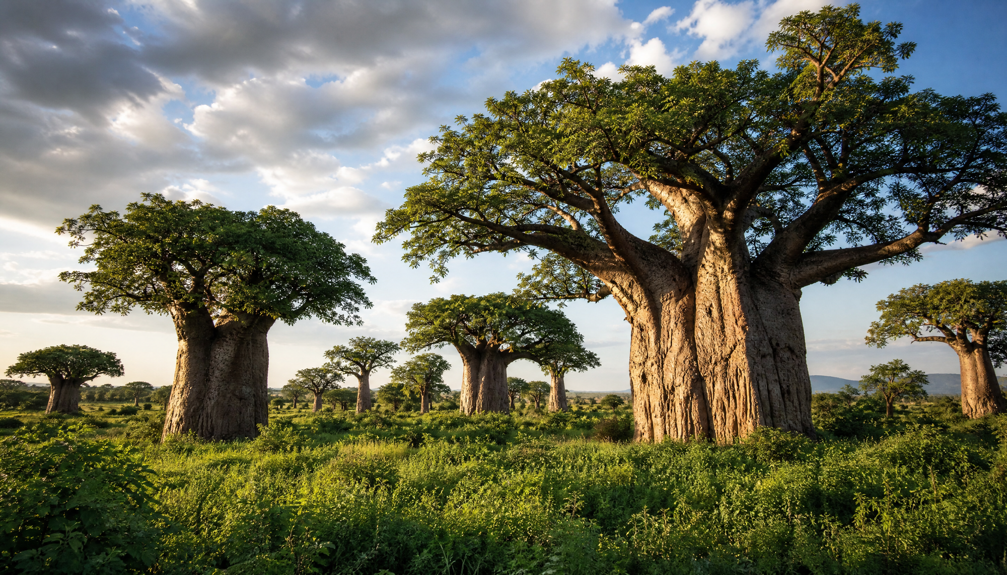 Baobab trees standing in a sunlit African savanna with large swollen trunks, green canopy, and a partly cloudy sky