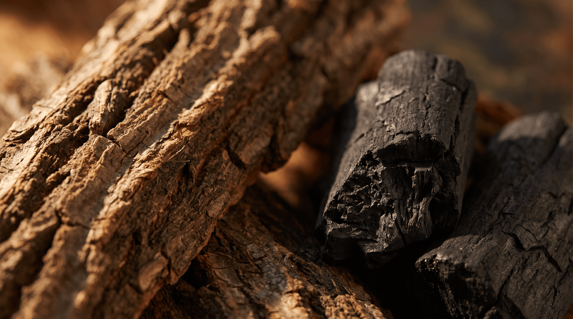 Close-up of willow bark and charcoal pieces on a warm background showing textured bark and porous charcoal