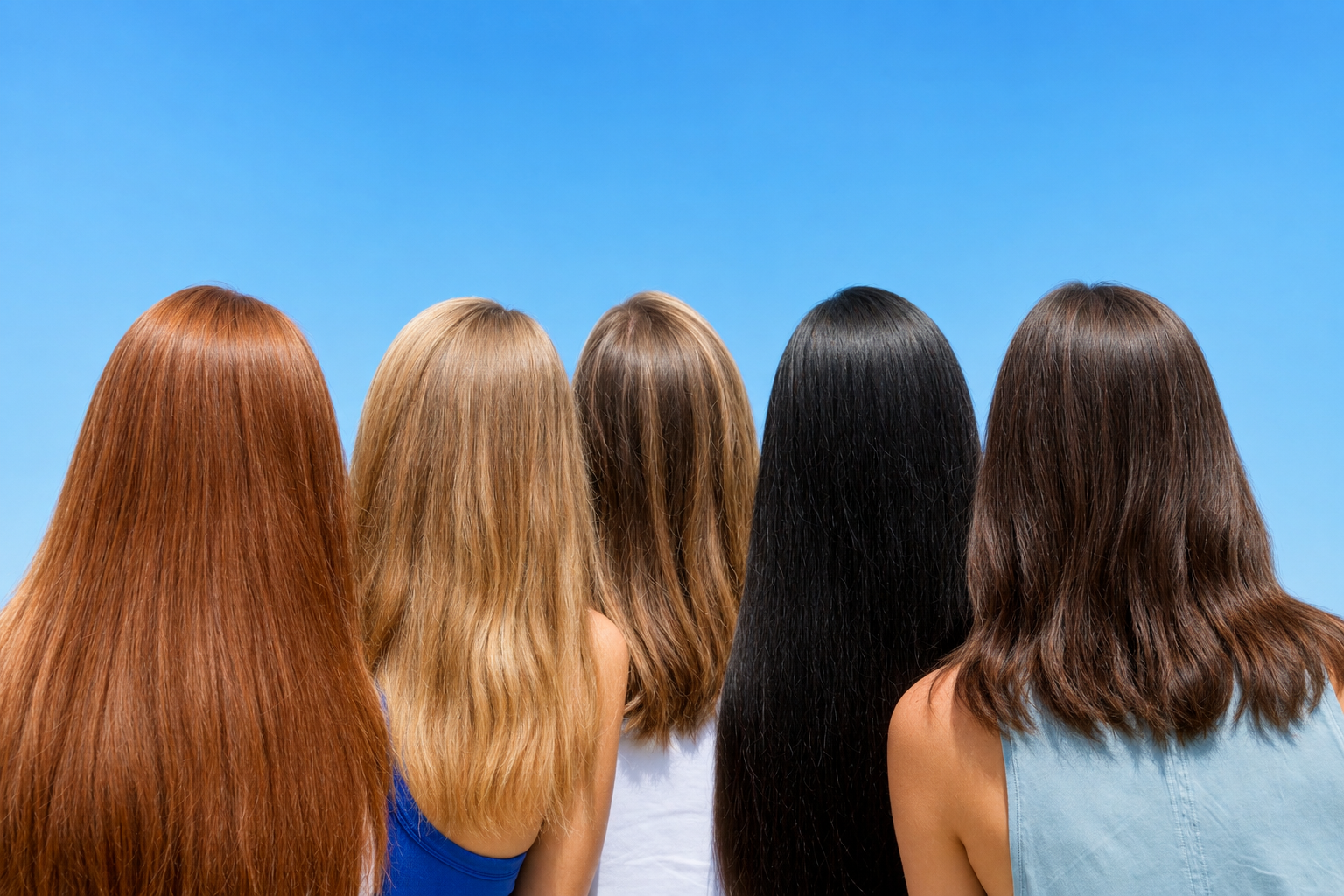 Five people standing with backs to camera showing a range of hair colors and textures against a clear blue background
