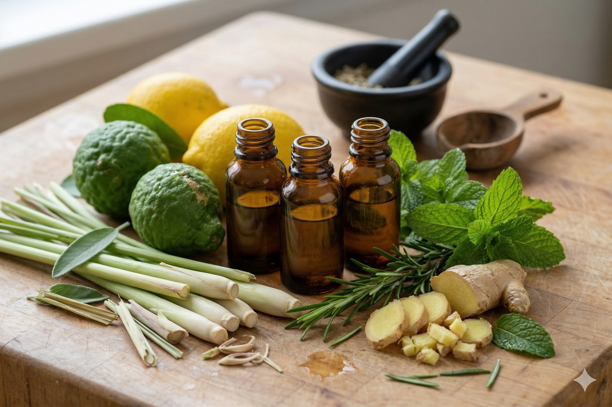 Image of essential oil bottles with herbs and citrus fruits