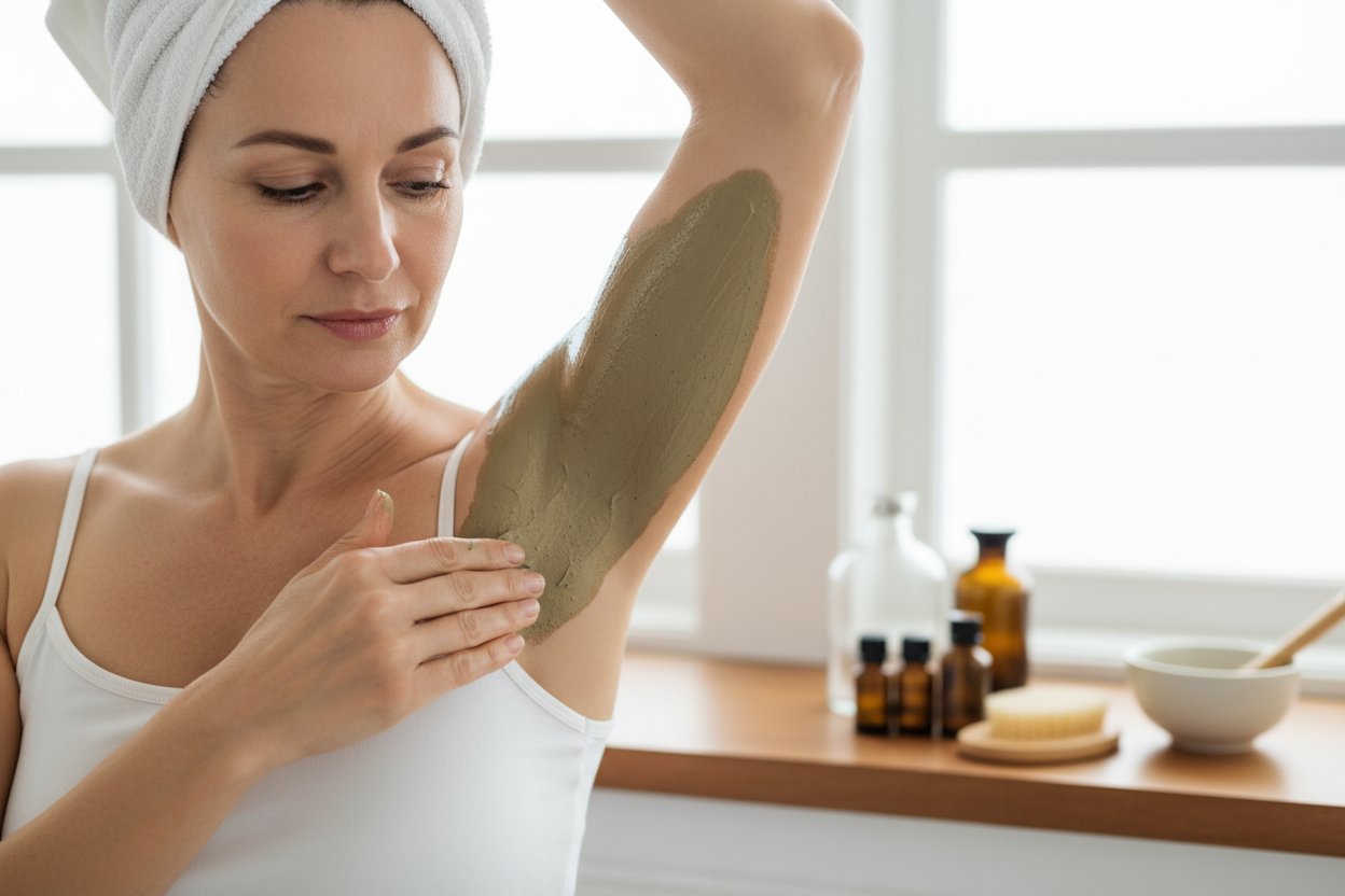 Woman in bathroom, applying mask to underarm