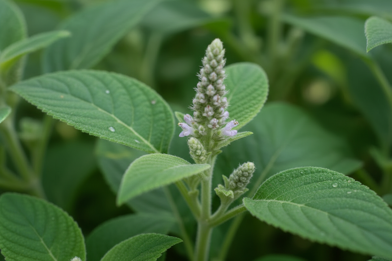 A close up photograph of patchouli plant blume