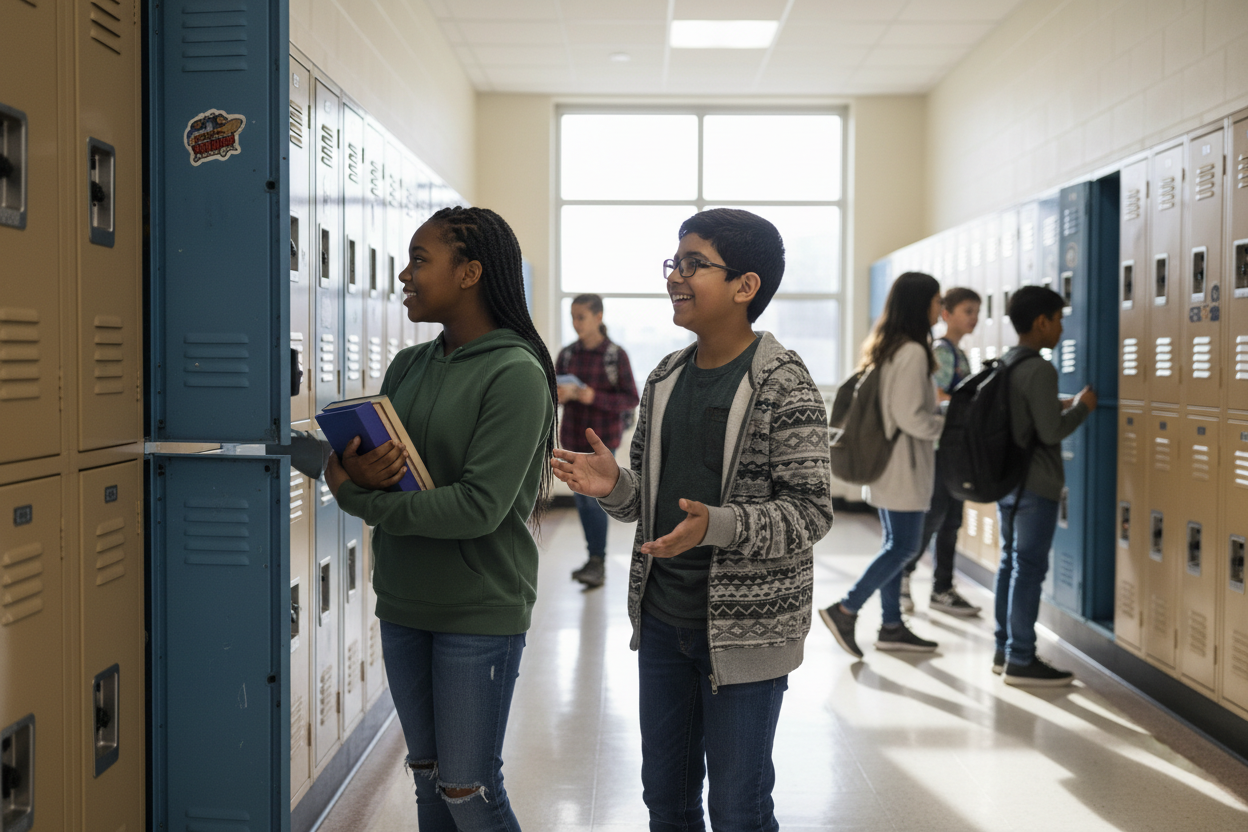 Tweens in school hallway