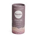 Front view of Patchouli & Copal plastic-free deodorant showing Humble logo and mountain illustration on white background