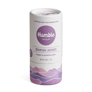 Front view of Humble Mountain Lavender deodorant tube showcasing ‘vegan & sensitive skin’ label and purple mountain illustration on white background