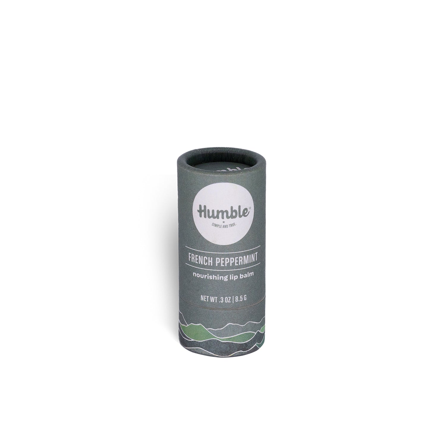 Lip balm container with 'Humble' branding on a white background