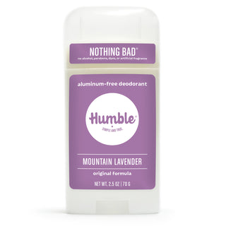 Front view of Humble Mountain Lavender deodorant stick showcasing purple label and Nothing Bad banner on white background