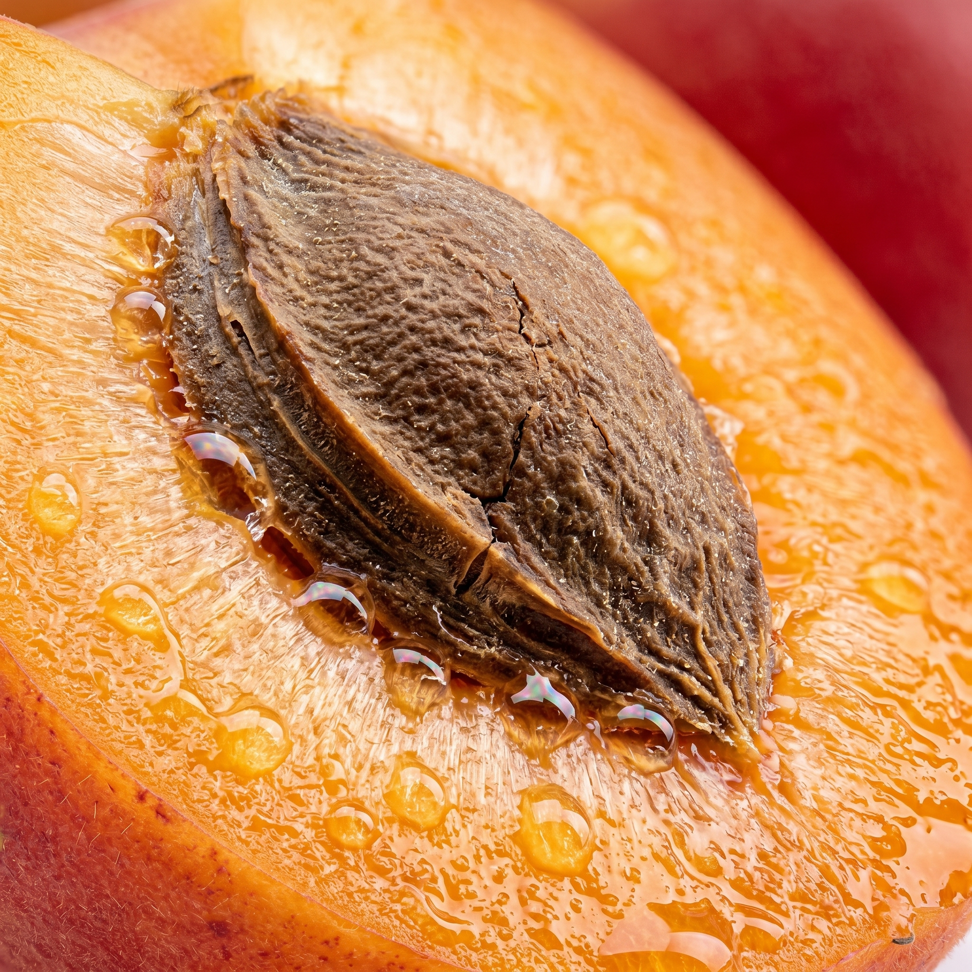 Close-up of an apricot with a seed inside, showing the texture and color details.