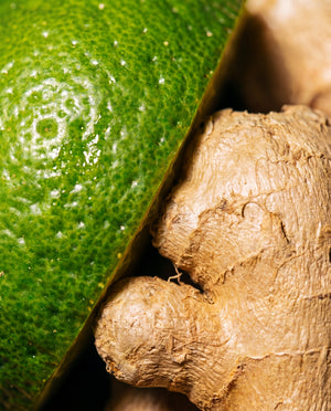 Close-up of Bergamot & Ginger travel-size deodorant ingredients showcasing bergamot rind and ginger root on a dark background
