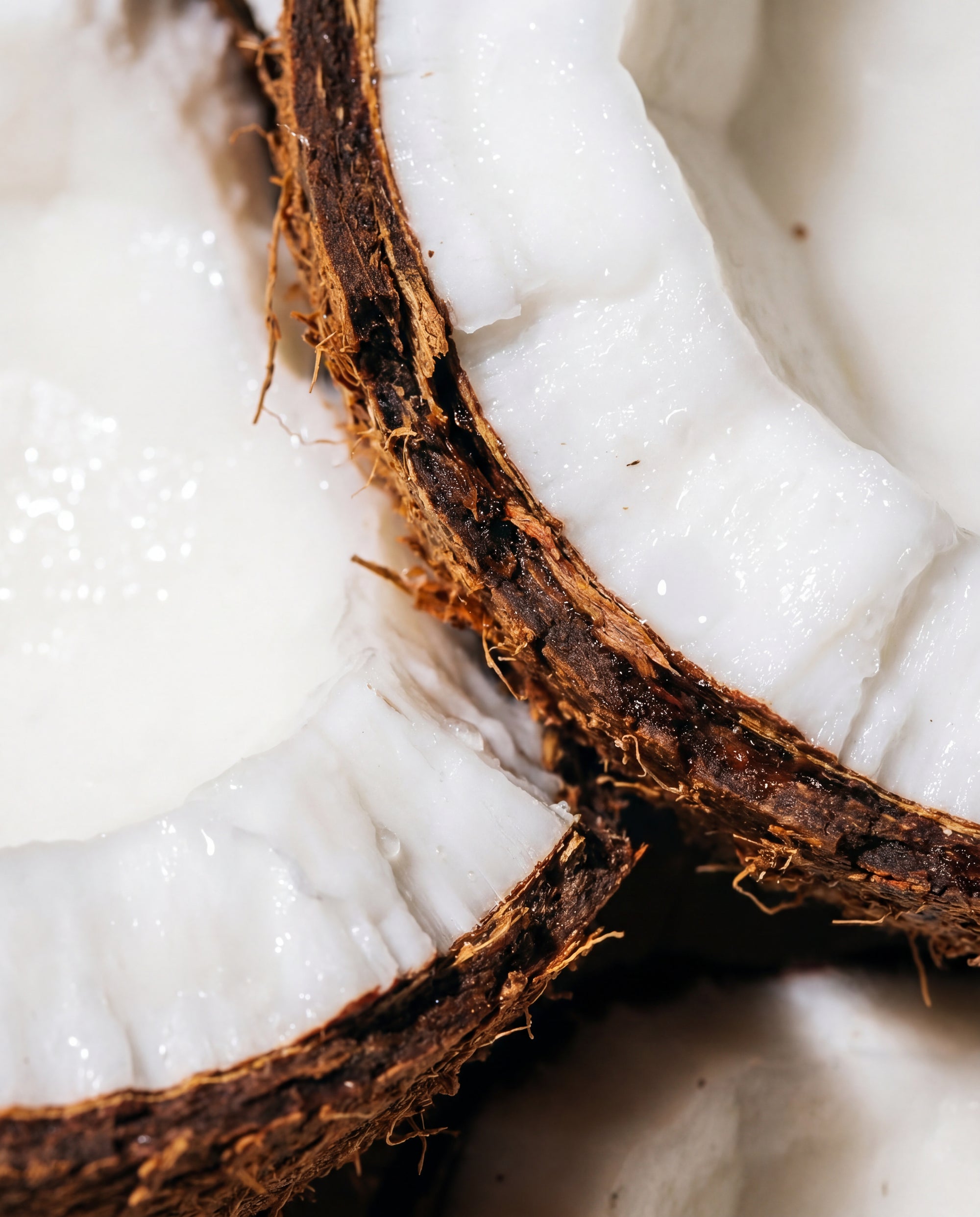 Close-up of a split coconut with white flesh and brown outer shell.