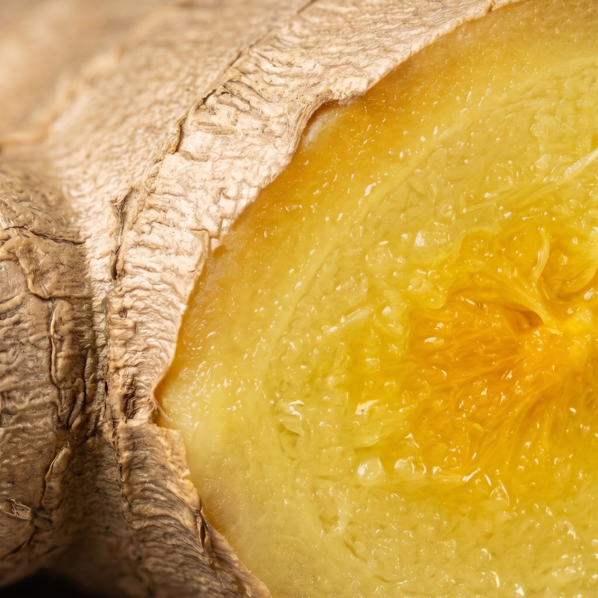 Close-up of a sliced ginger root showing its texture and color.