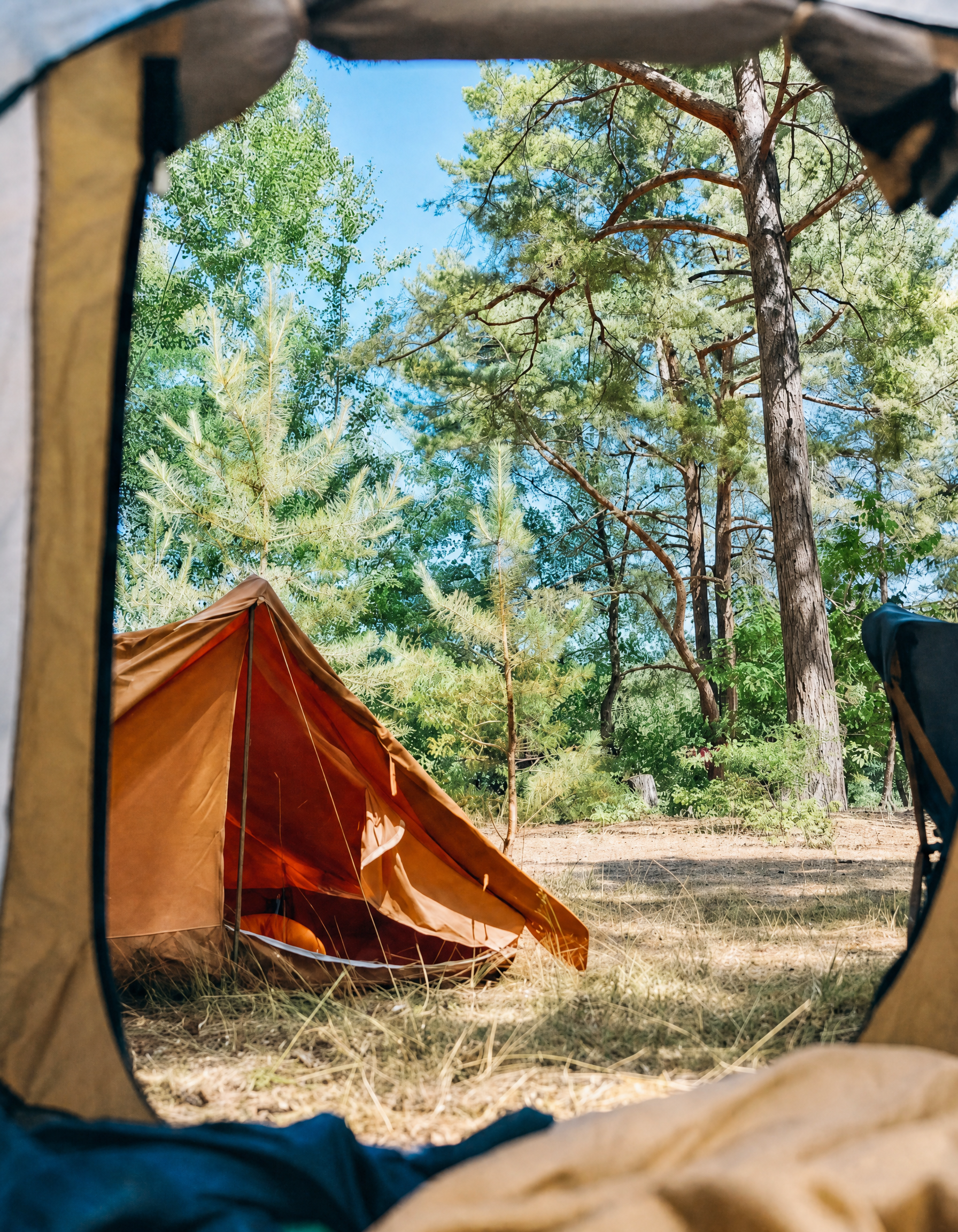 Camping scene with an orange tent in a forest, viewed from inside another tent.