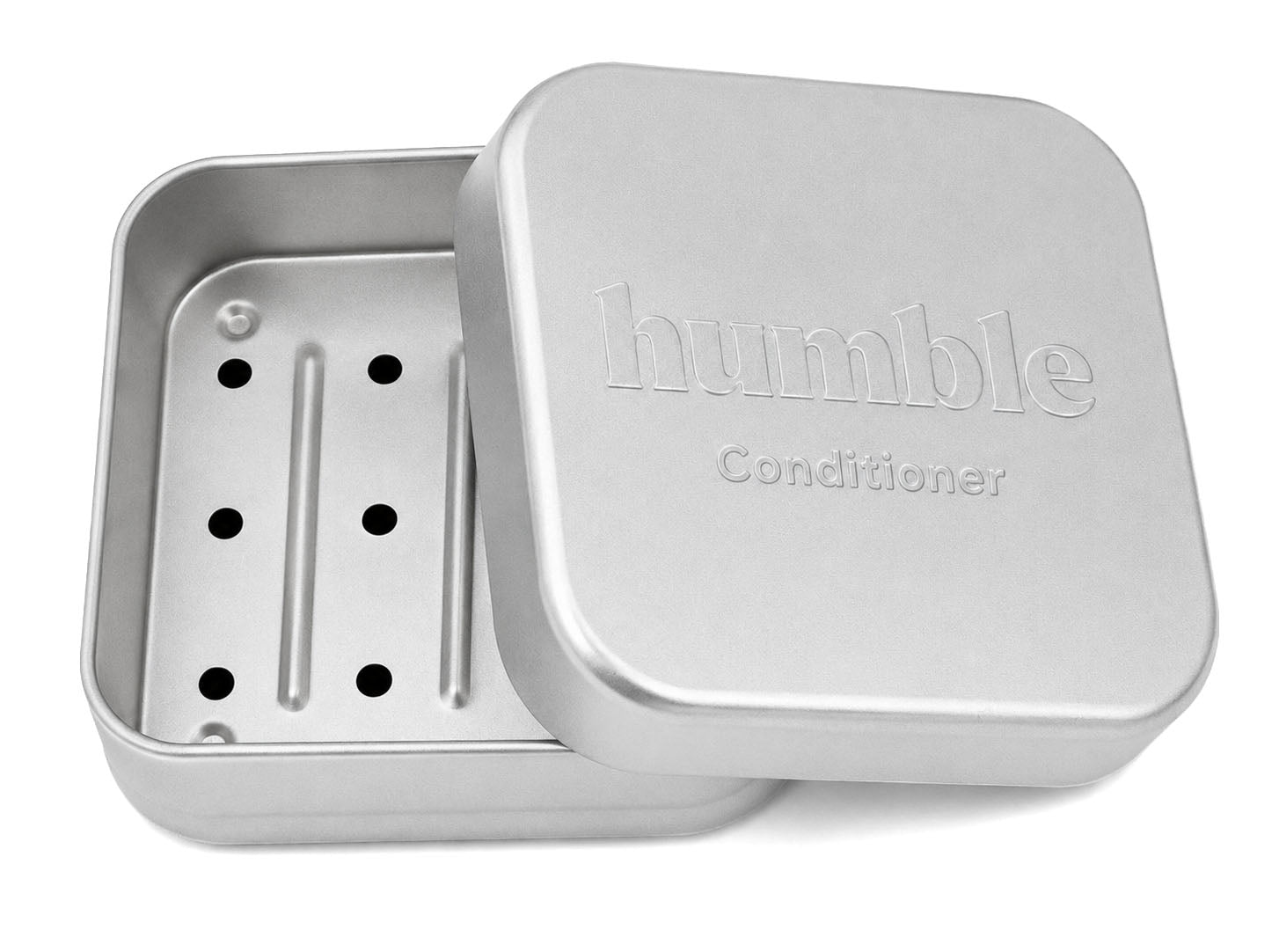 Humble Travel Tin for conditioner bars, open, showing the removable draining tray inside the base