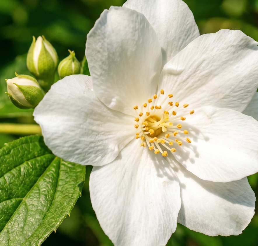 Close-up of a white Jasmin flower with green leaves in the background