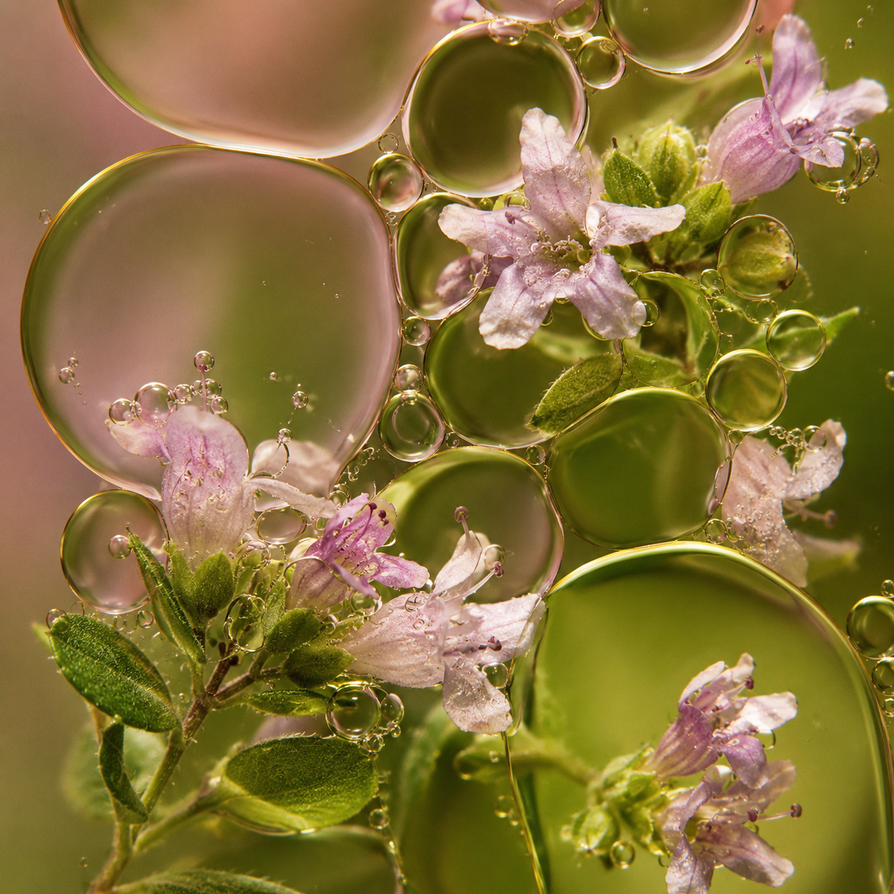 Close-up of bubbles and purple flowers with a blurred background