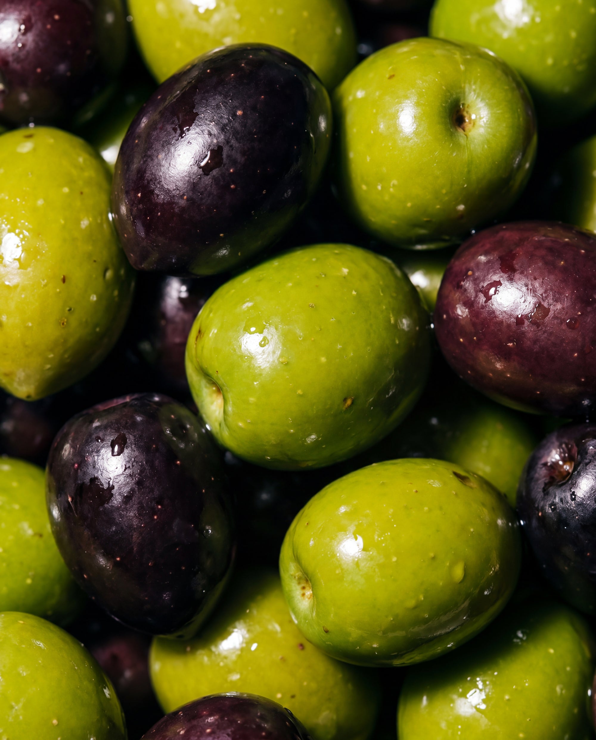 Close-up of green and black olives