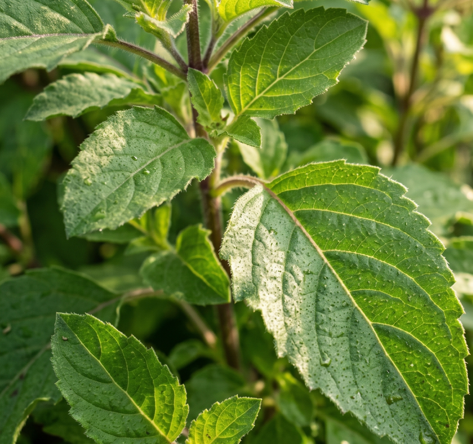 Close-up of green leaves with a blurred natural background