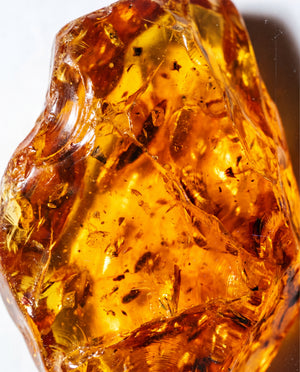 Close-up of amber resin evoking Sweet Amber deodorant scent on white background