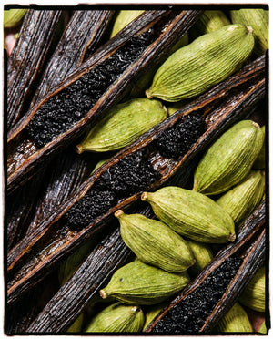 Close-up of Vanilla & Cardamom Plastic-Free Lip Balm showing split vanilla beans and green cardamom pods on a dark background