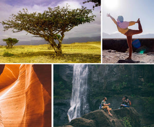 people sitting by a waterfall, doing yoga, a close up sandstone an image of a tree on a desert plain