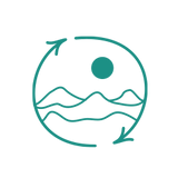 drawing of the recycle symbol encompassing mountains with the sun 