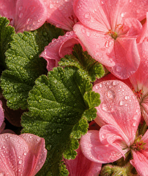 Close-up of pink flowers with water droplets and green leaves.