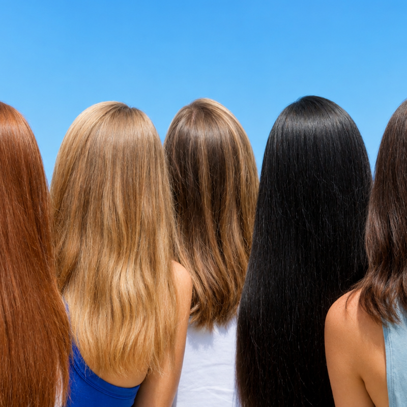 Five people photographed from behind, showing a range of hair colors and lengths
