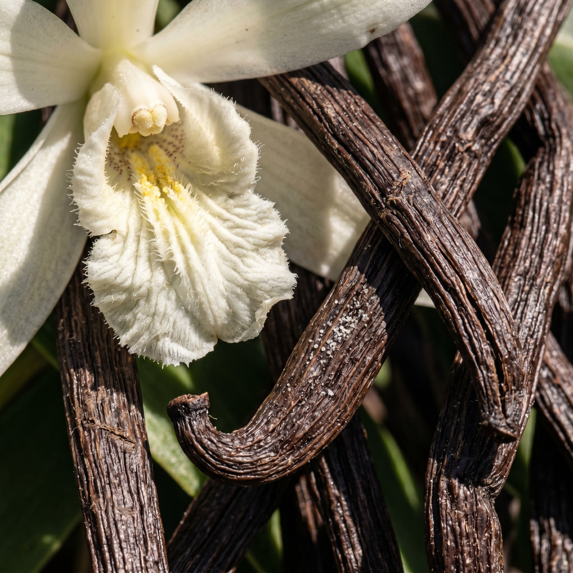White orchid flower with brown vine-like structure