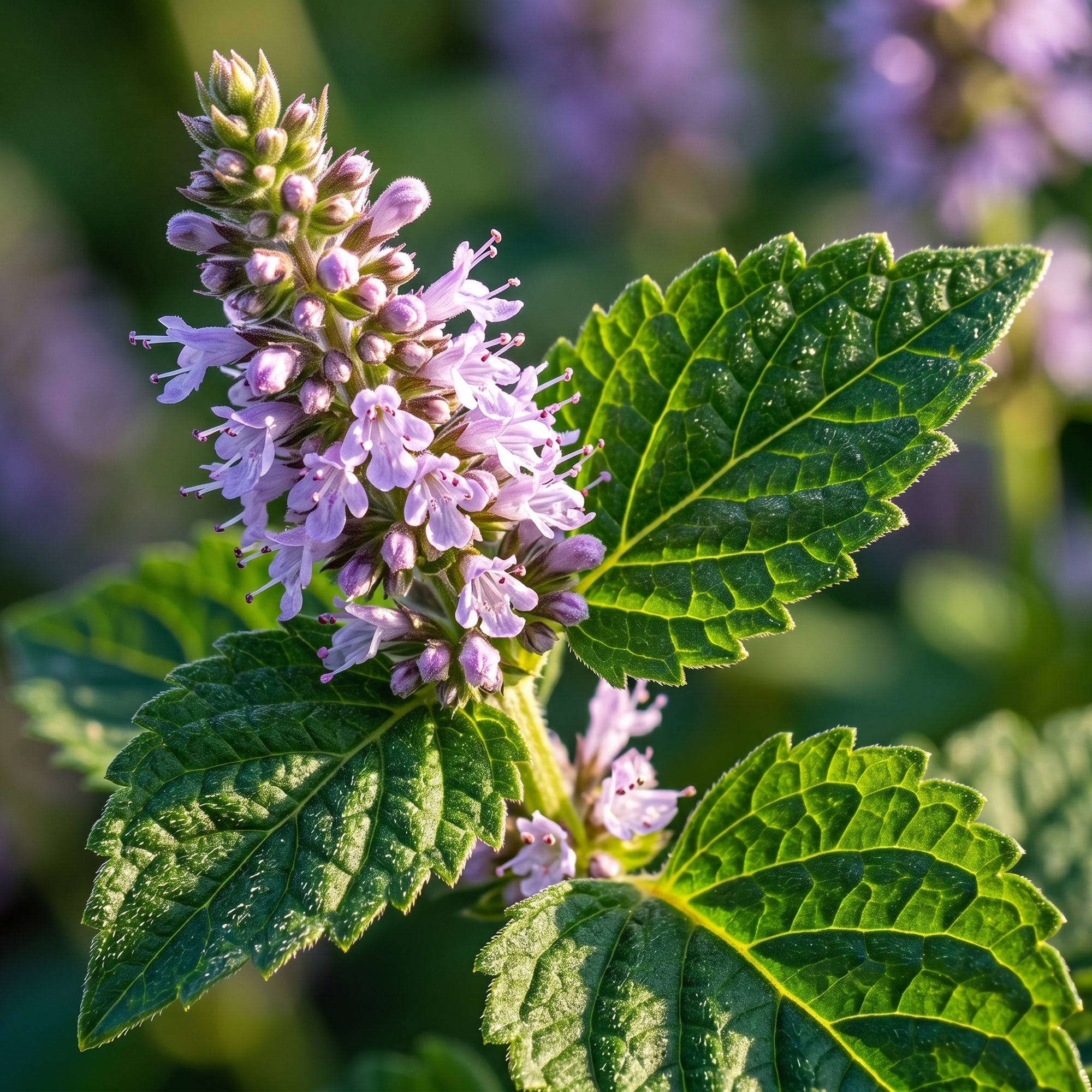 Close-up of a purple flower with green leaves on a blurred natural background