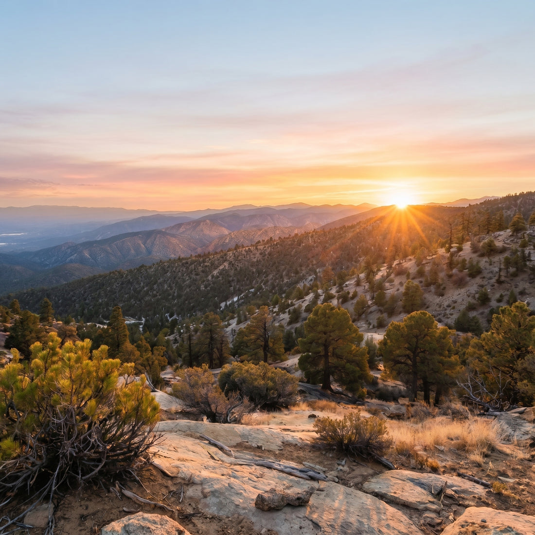 Sunrise over New Mexico mountains with sunburst lighting pine-covered slopes and rocky foreground
