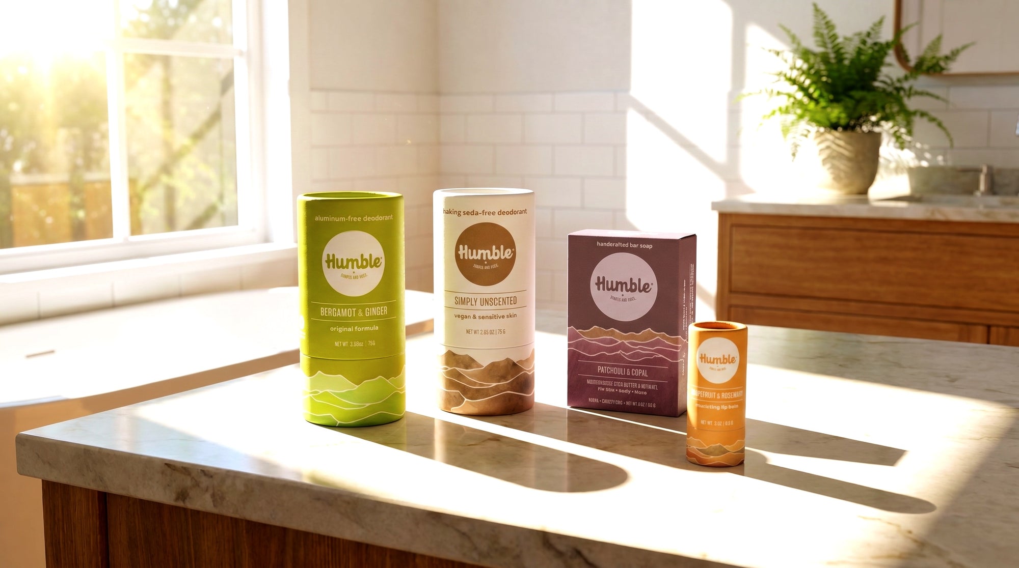 Humble branded products on a kitchen counter with natural light