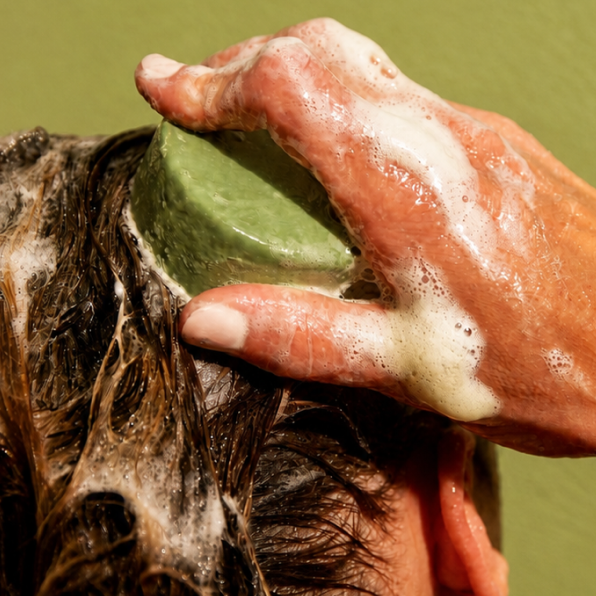 A close-up lifestyle shot of a person washing their hair, using a green shampoo lather block covered in white foam on dark brown hair against an olive green background.